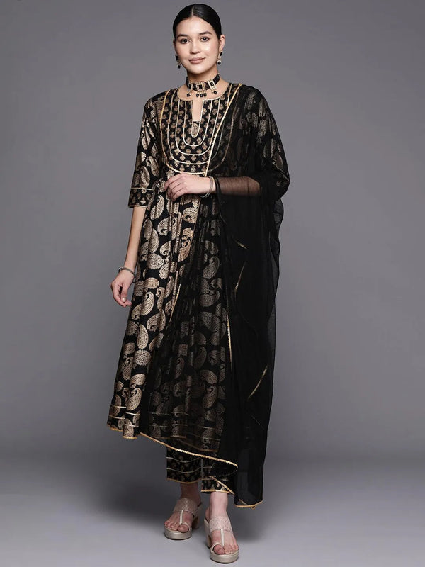 Black Printed Rayon Anarkali Suit Set With Trousers - Jashvi