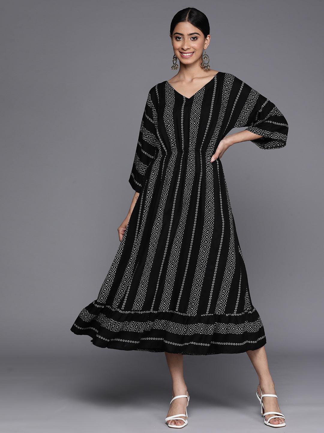 Black Printed Rayon Fit and Flared Dress - Jashvi