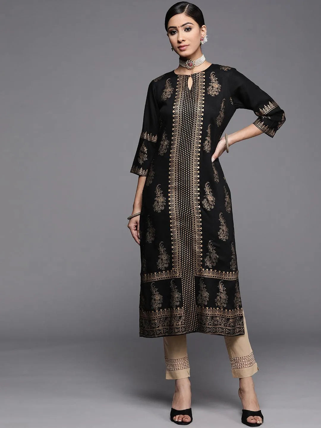 Black Printed Rayon Kurta - Jashvi