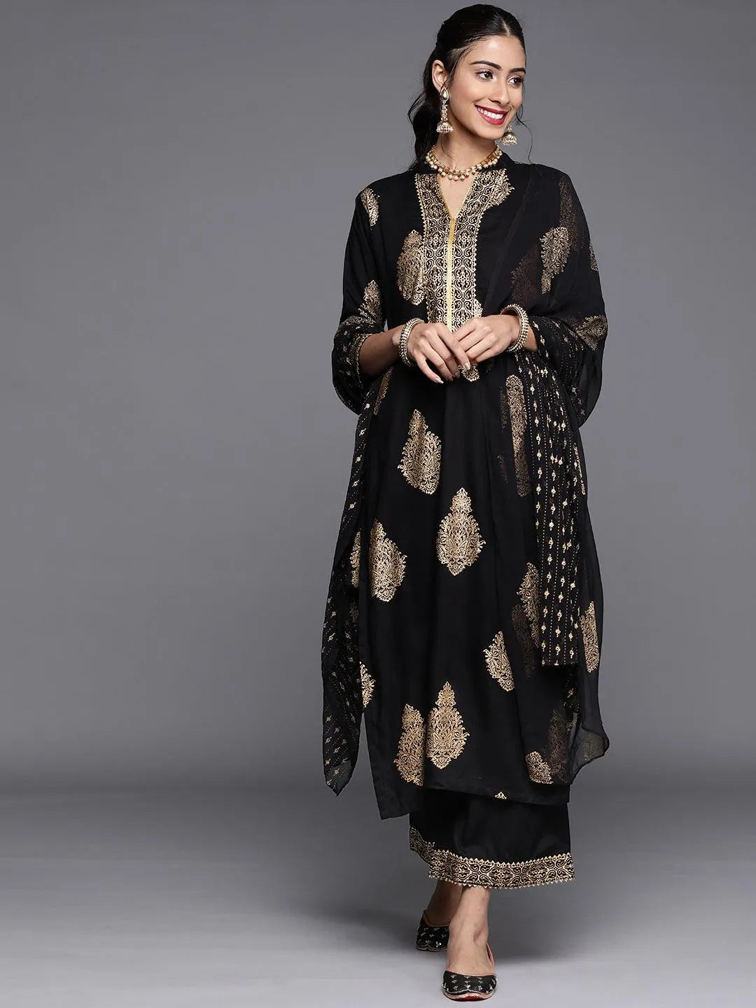 Black Printed Viscose Rayon Suit Set - Jashvi