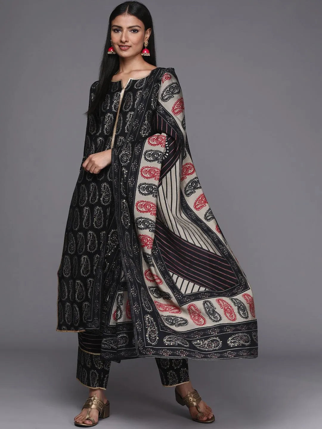 Black Printed Silk Blend Straight Suit Set - Jashvi