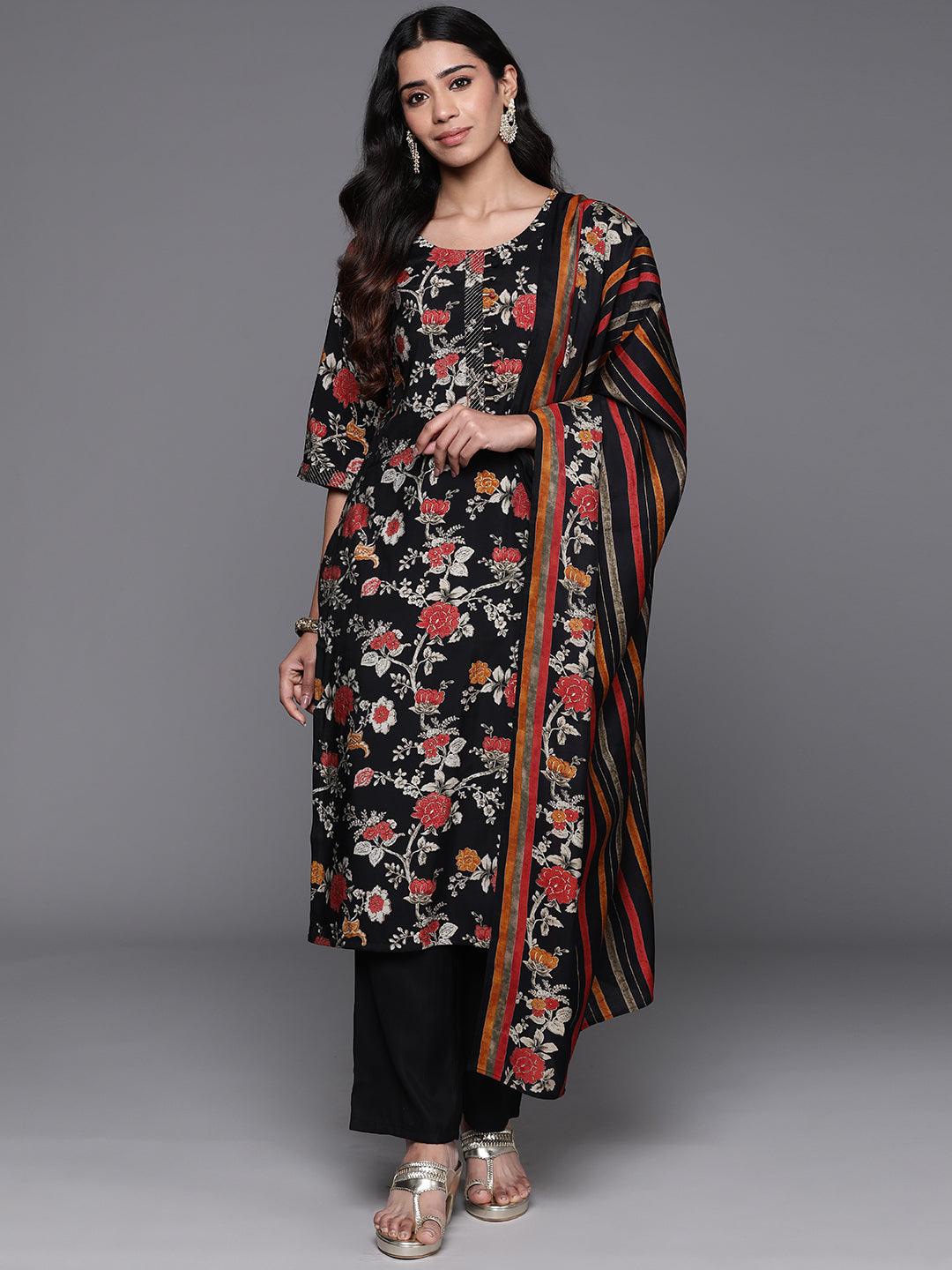 Black Printed Silk Blend Straight Kurta With Palazzos & Dupatta - Jashvi