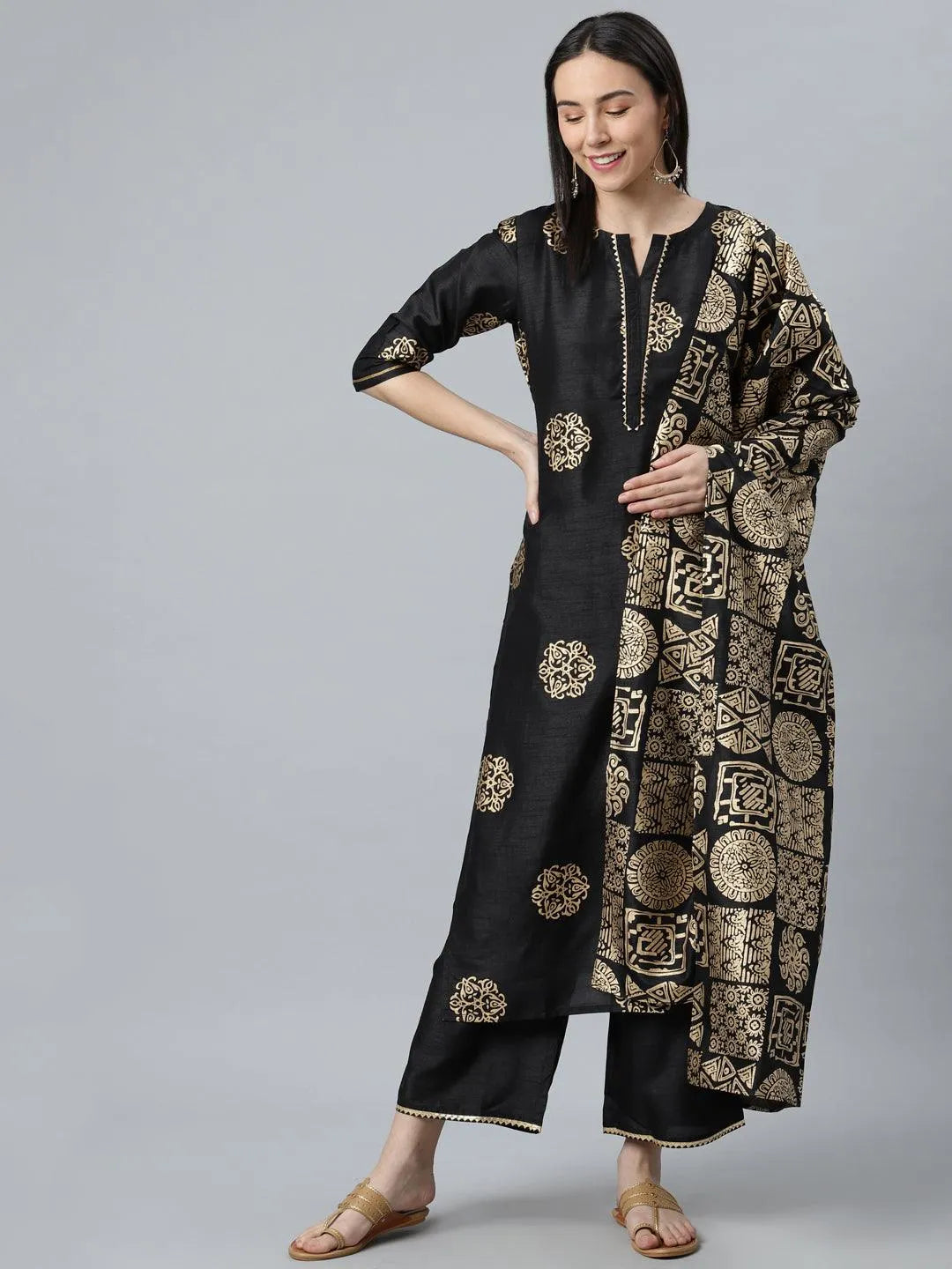 Black Printed Silk Blend Suit Set - Jashvi