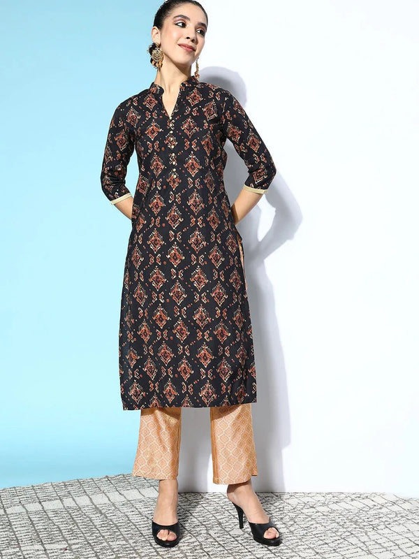 Black Printed Silk Straight Kurta - Jashvi