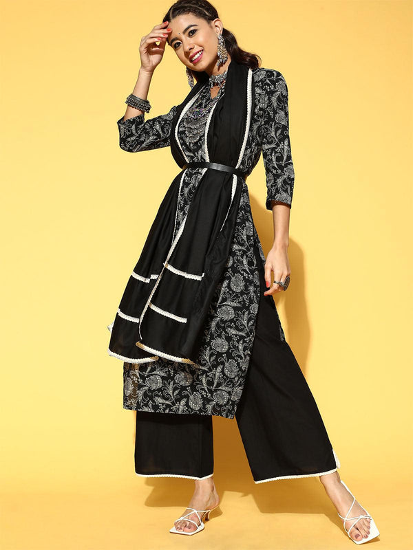 Women's Black Printed Straight Kurta Trouser With Dupatta Set - Odette