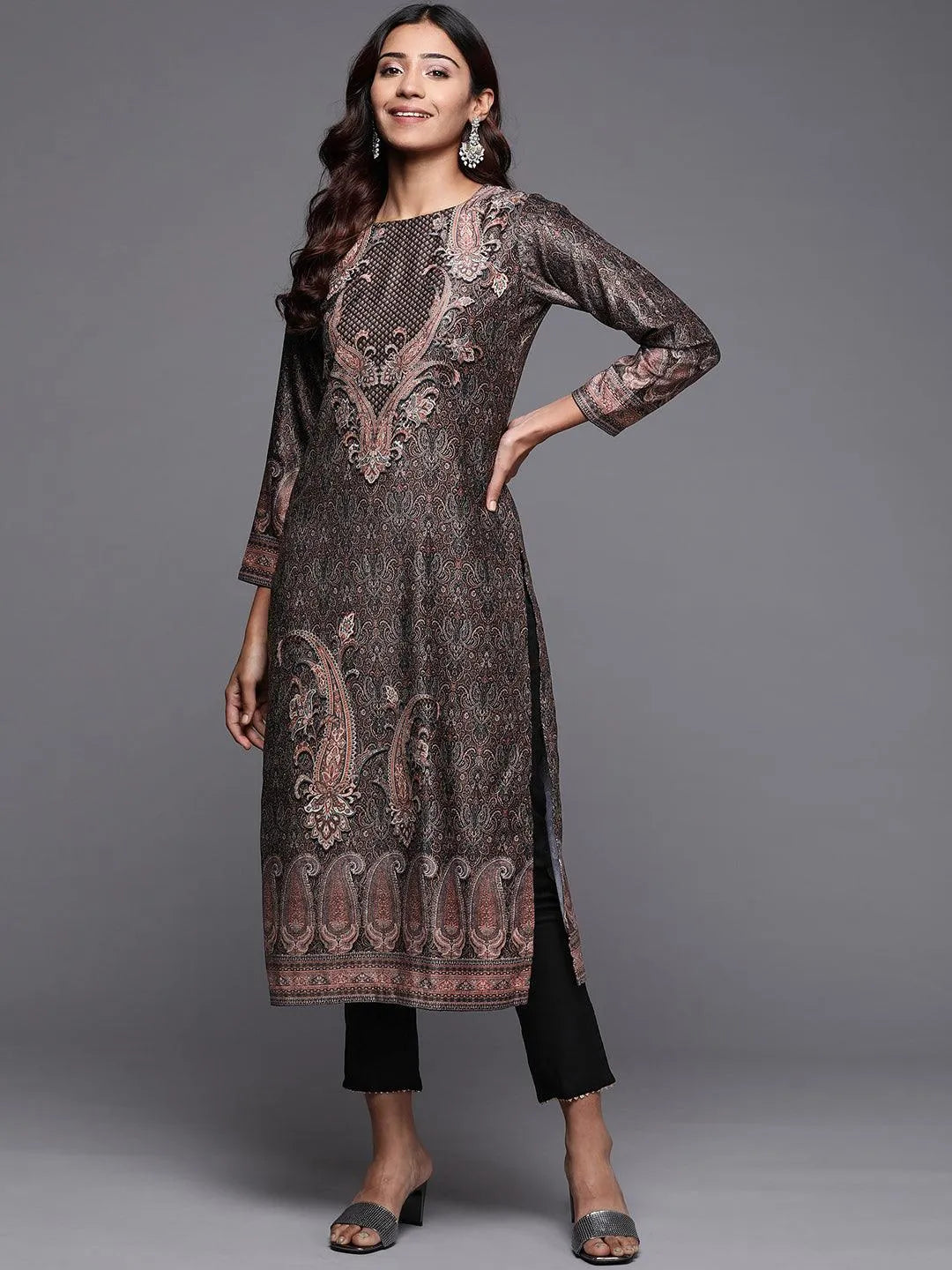 Black Printed Velvet Straight Kurta - Jashvi