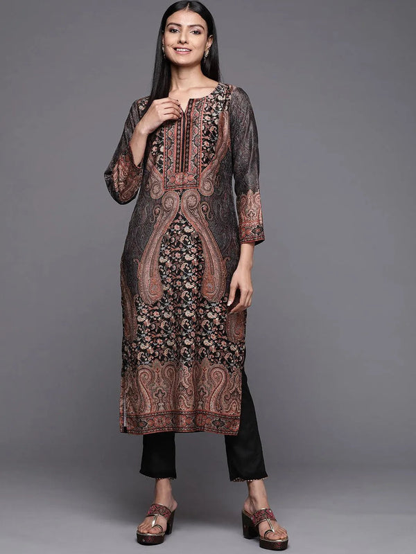 Black Printed Velvet Straight Kurta - Jashvi