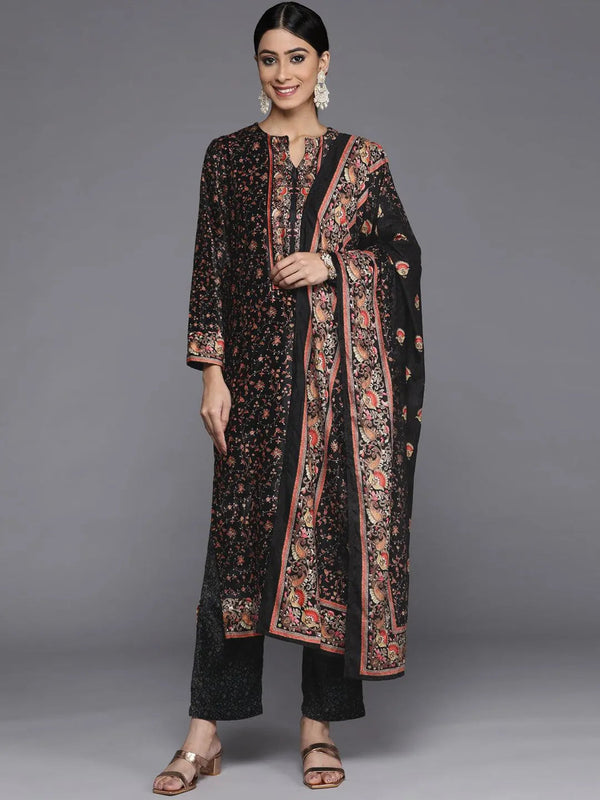 Black Printed Velvet Straight Suit Set With Trousers - Jashvi