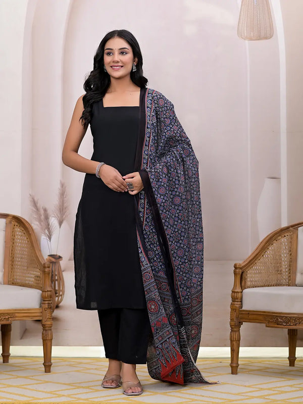 Black Pure Cotton Straight Suit Set-Indiakreations-JS6911SKDBKS