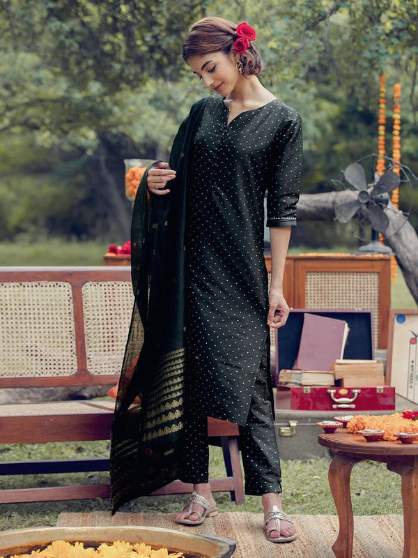 Black Self Design Art Silk Straight Kurta With Trousers & Dupatta - Jashvi