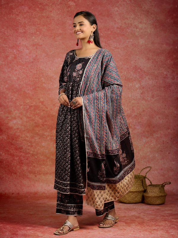 Black Self Design Cotton Anarkali Kurta With Palazzos & Dupatta - Jashvi