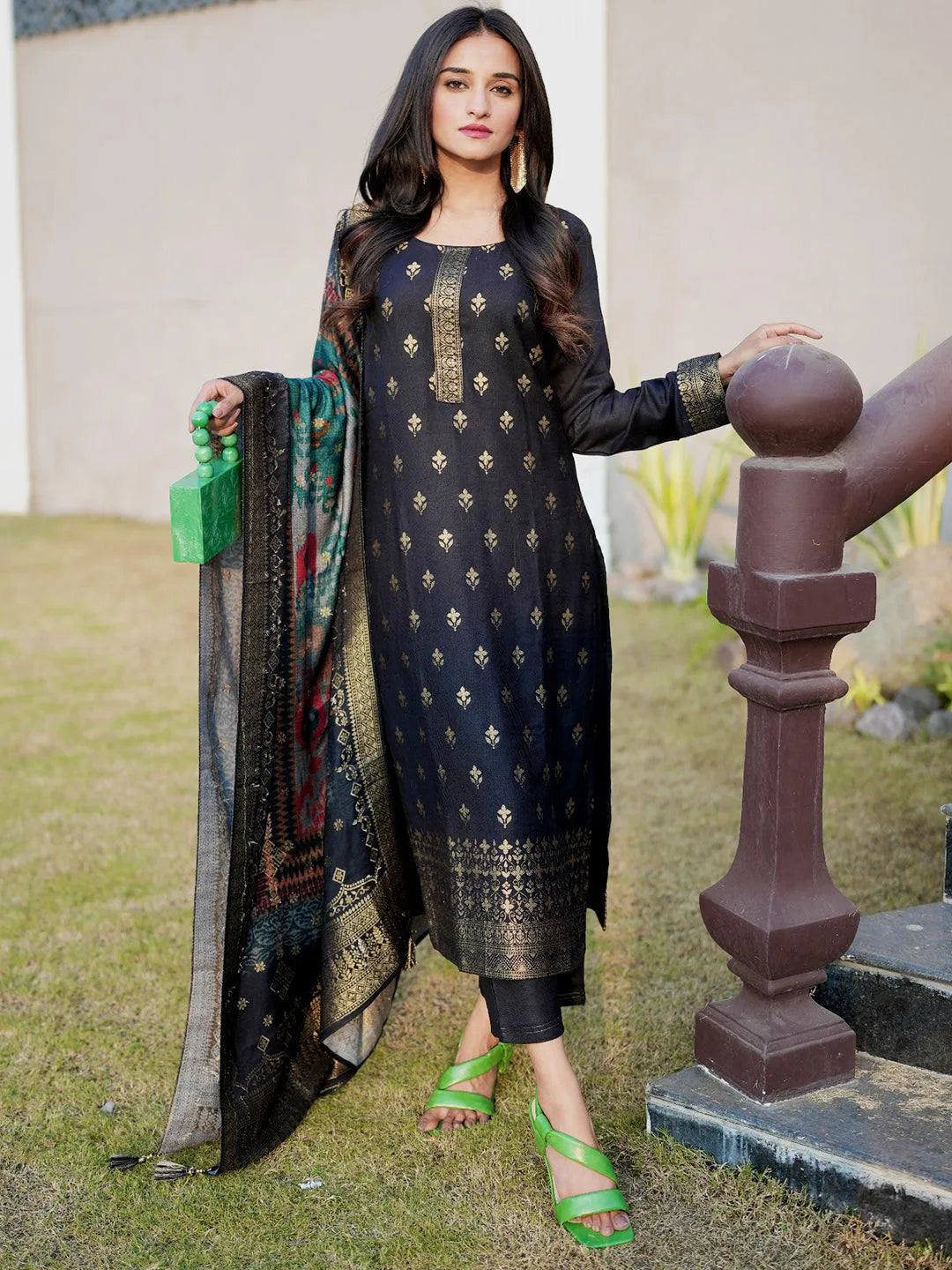 Black Self Design Pashmina Wool Straight Suit Set - Jashvi