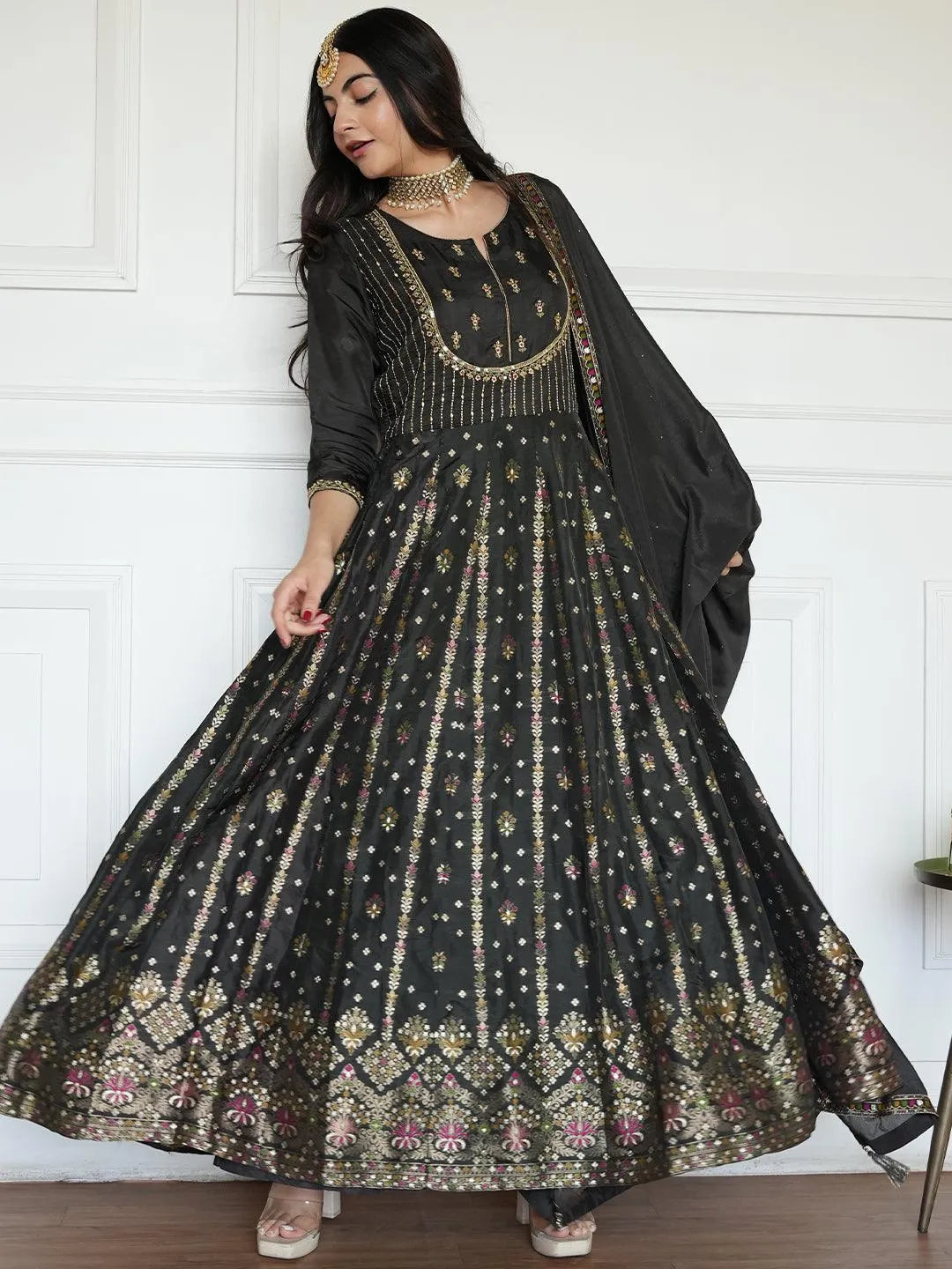 Black Self Design Silk Anarkali Kurta With Churidar & Dupatta - Jashvi