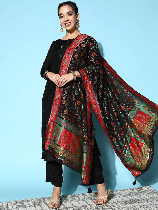 Black Self Design Silk Blend Straight Suit Set - Jashvi