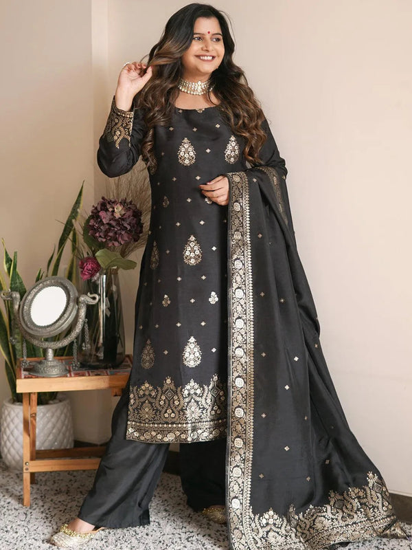 Black Self Design Silk Straight Suit Set - Jashvi