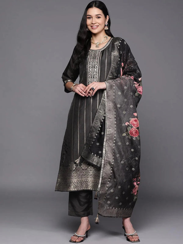 Black Self Design Silk Suit Set With Trousers - Jashvi