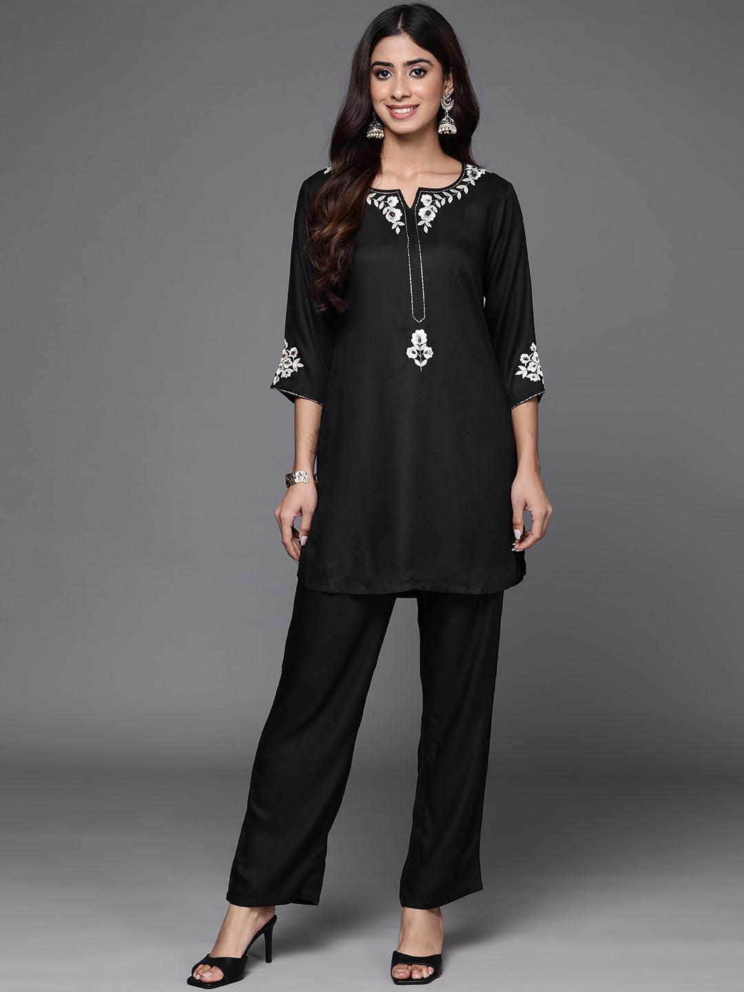 Black Self Design Wool Blend Tunic With Trousers - Jashvi