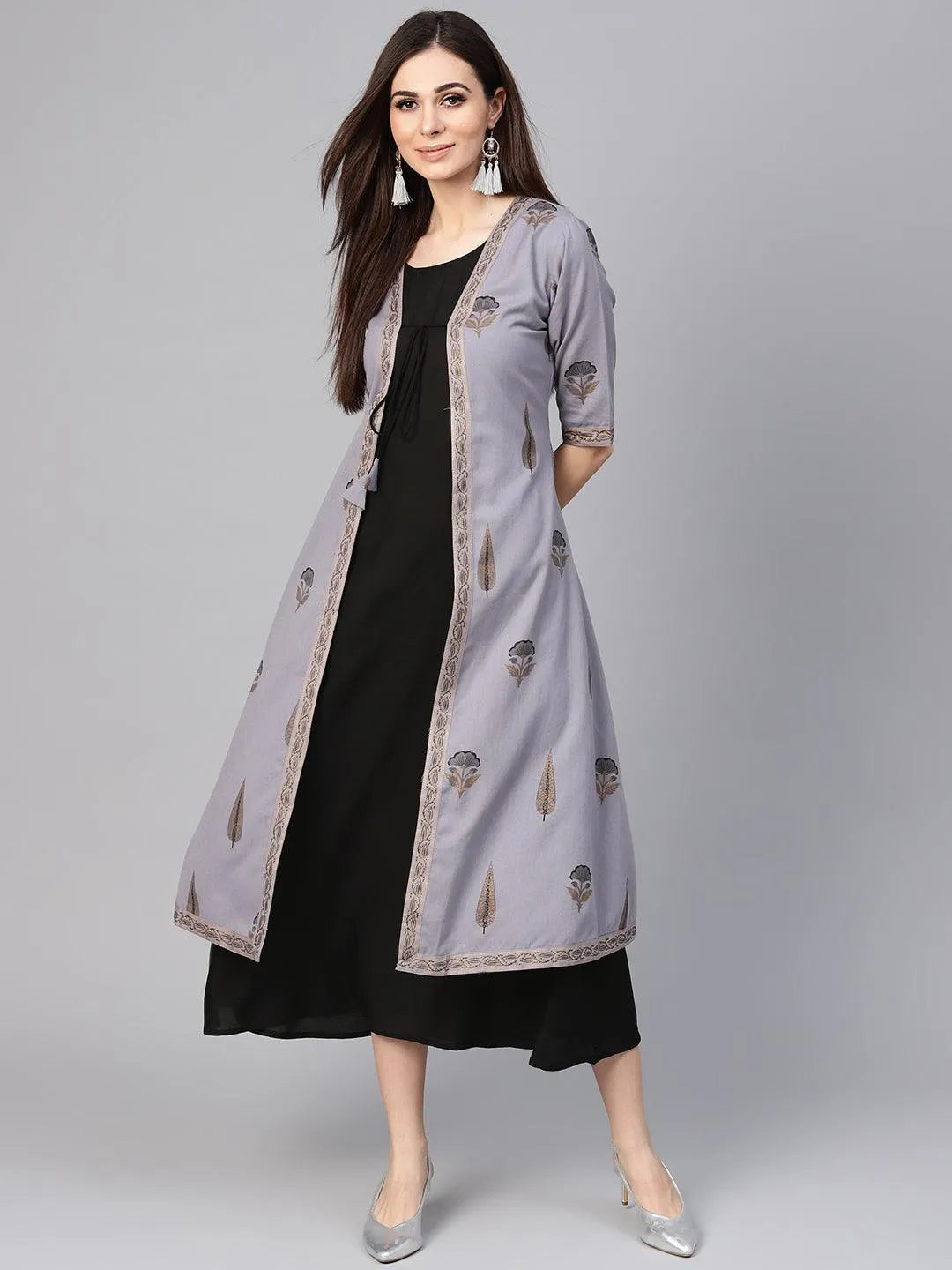 Black Solid Cotton Dress With Jacket - Jashvi