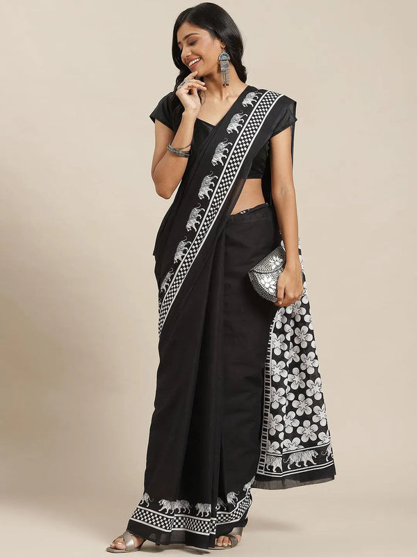 Black Solid Cotton Saree - Jashvi