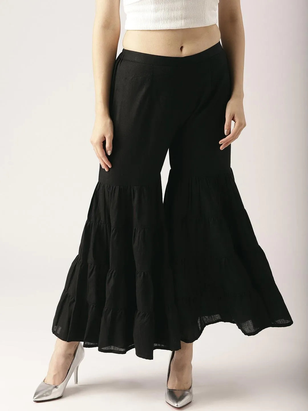 Black Solid Cotton Sharara Pants - Jashvi