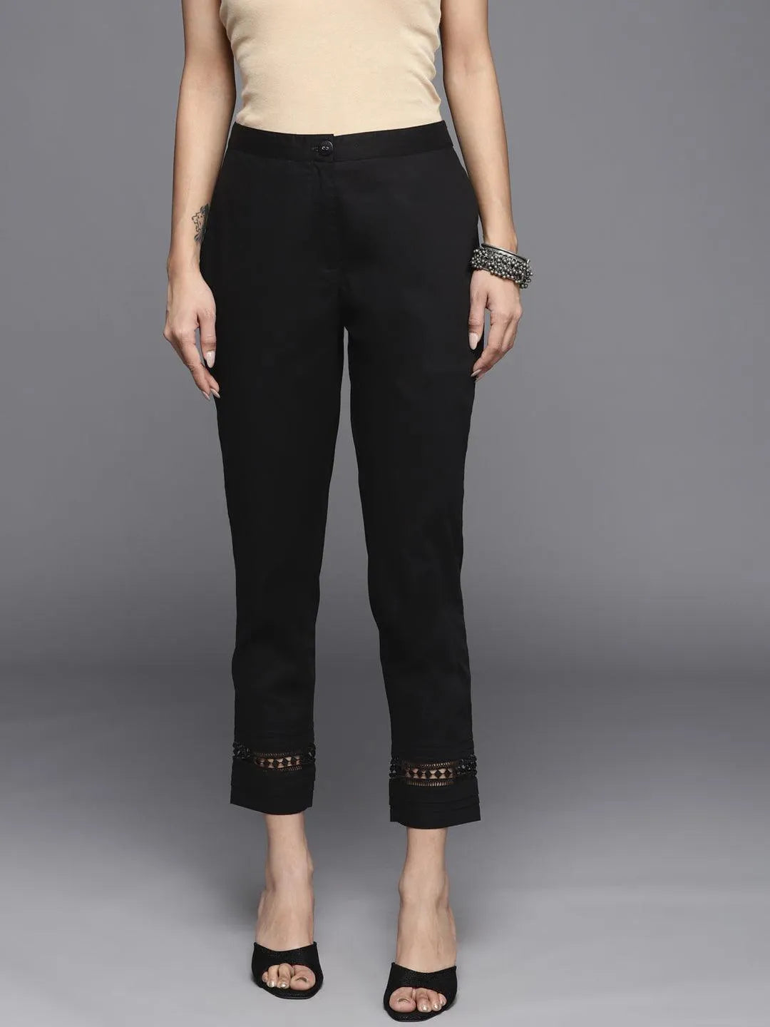 Black Solid Cotton Trousers - Jashvi