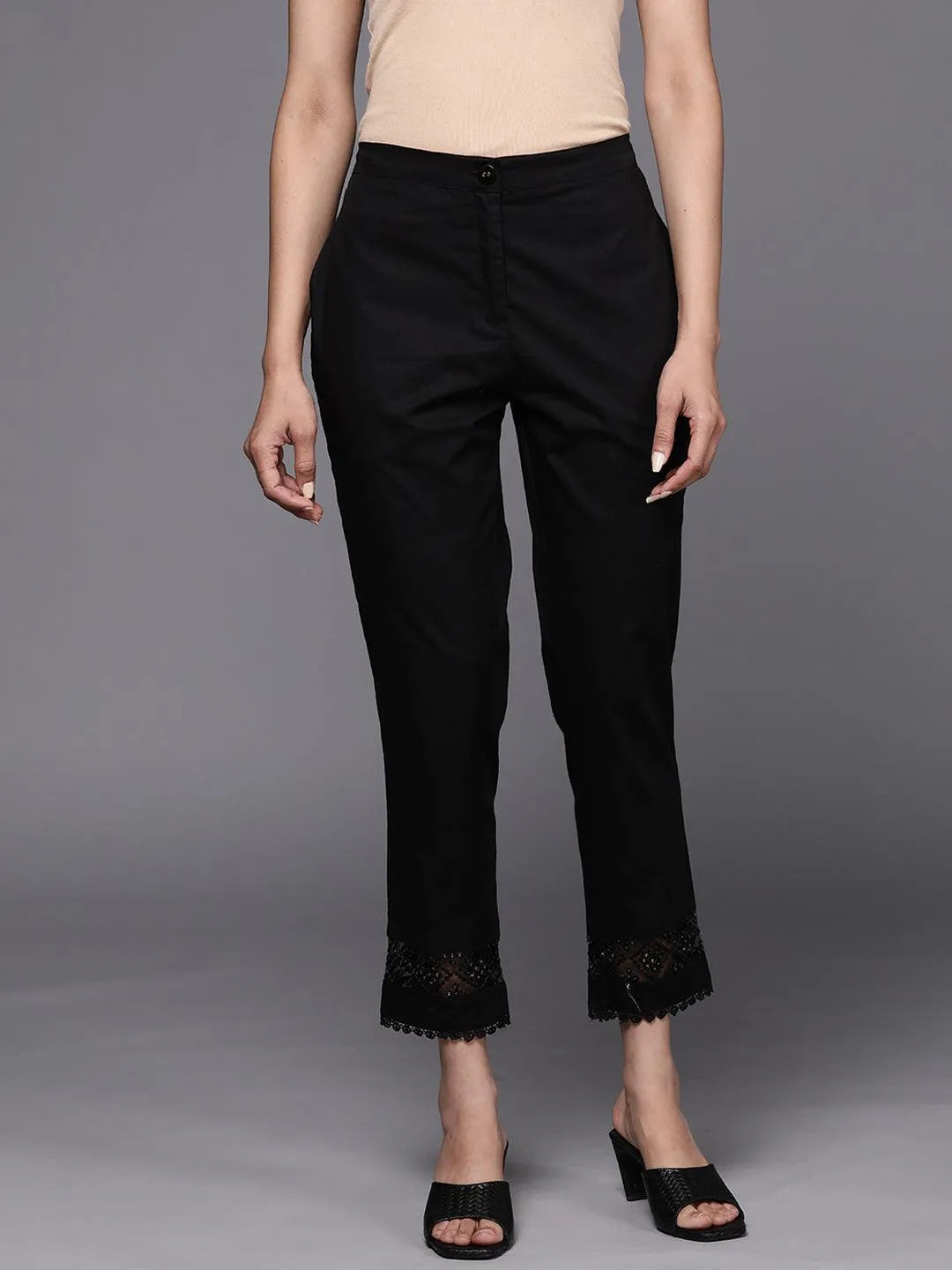 Black Solid Cotton Trousers - Jashvi