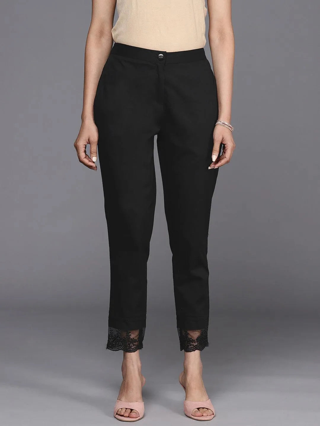 Black Solid Cotton Trousers - Jashvi