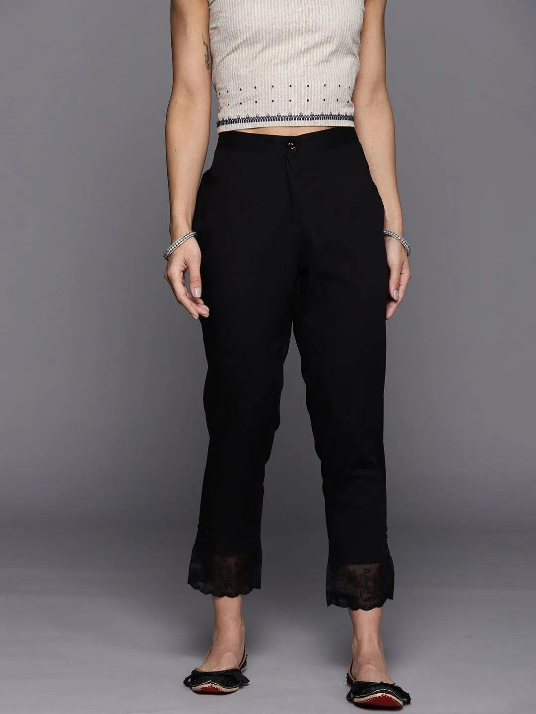 Black Solid Cotton Trousers - Jashvi