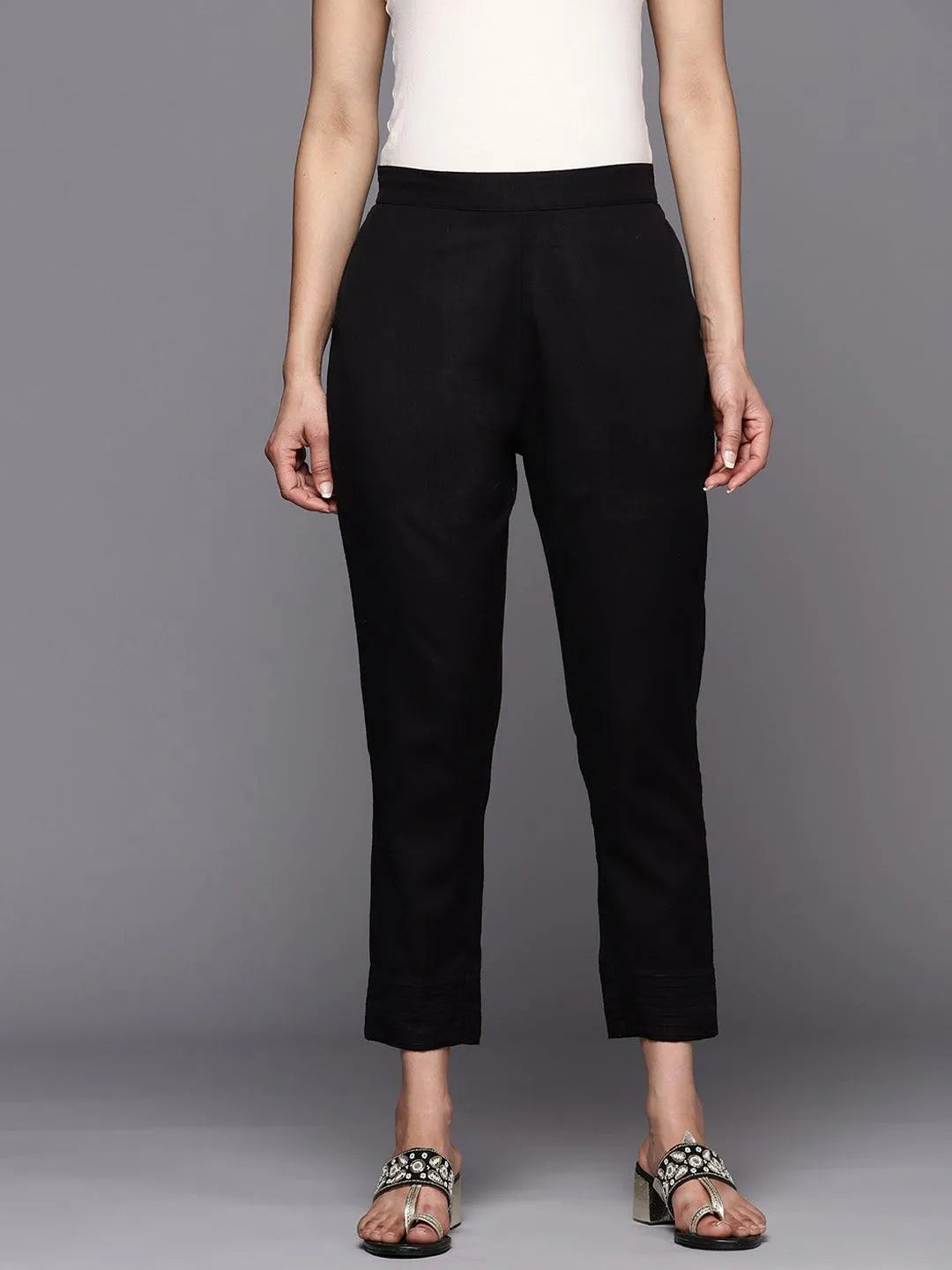 Black Solid Cotton Trousers - Jashvi