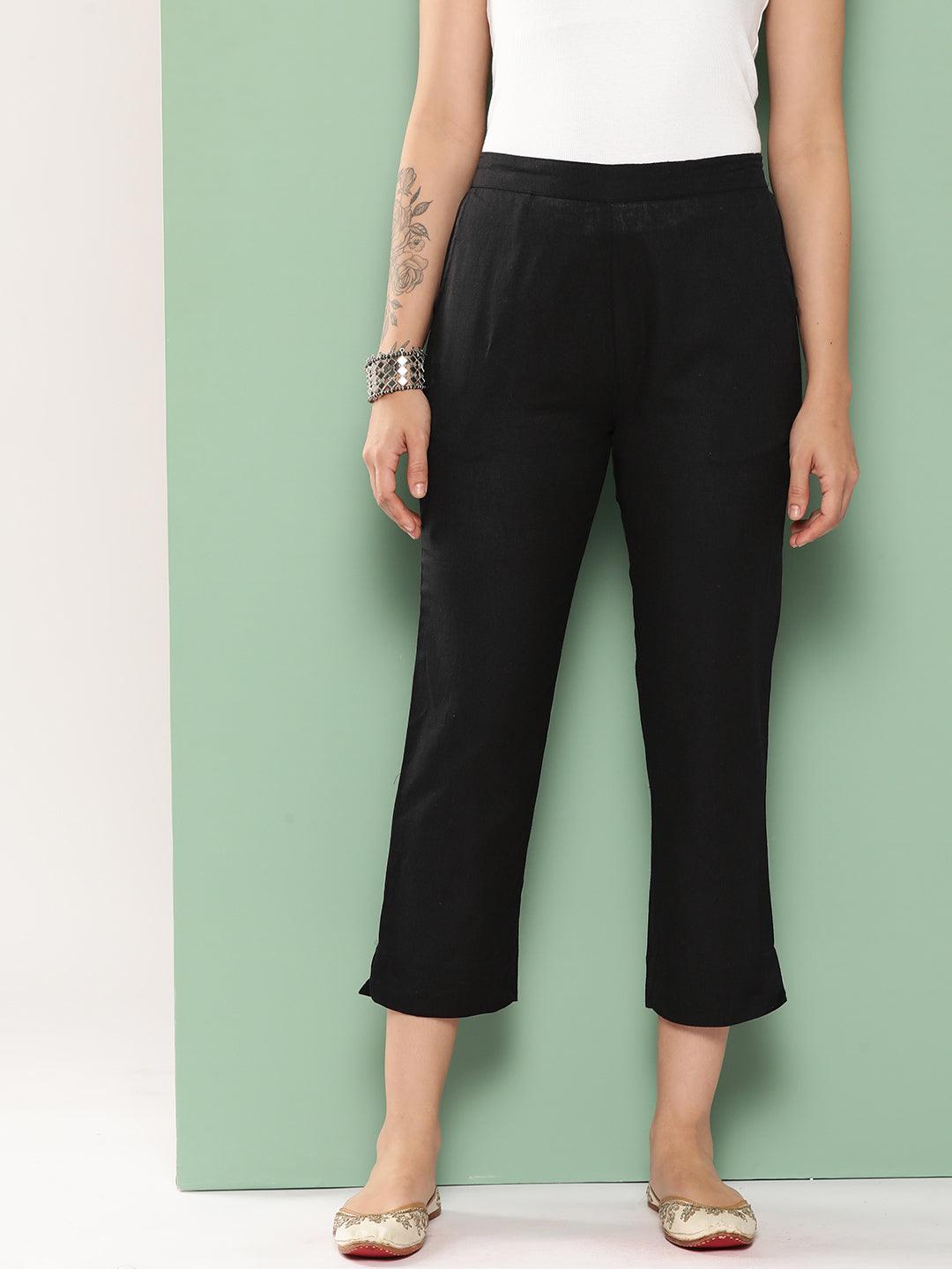 Black Solid Cotton Trousers - Jashvi