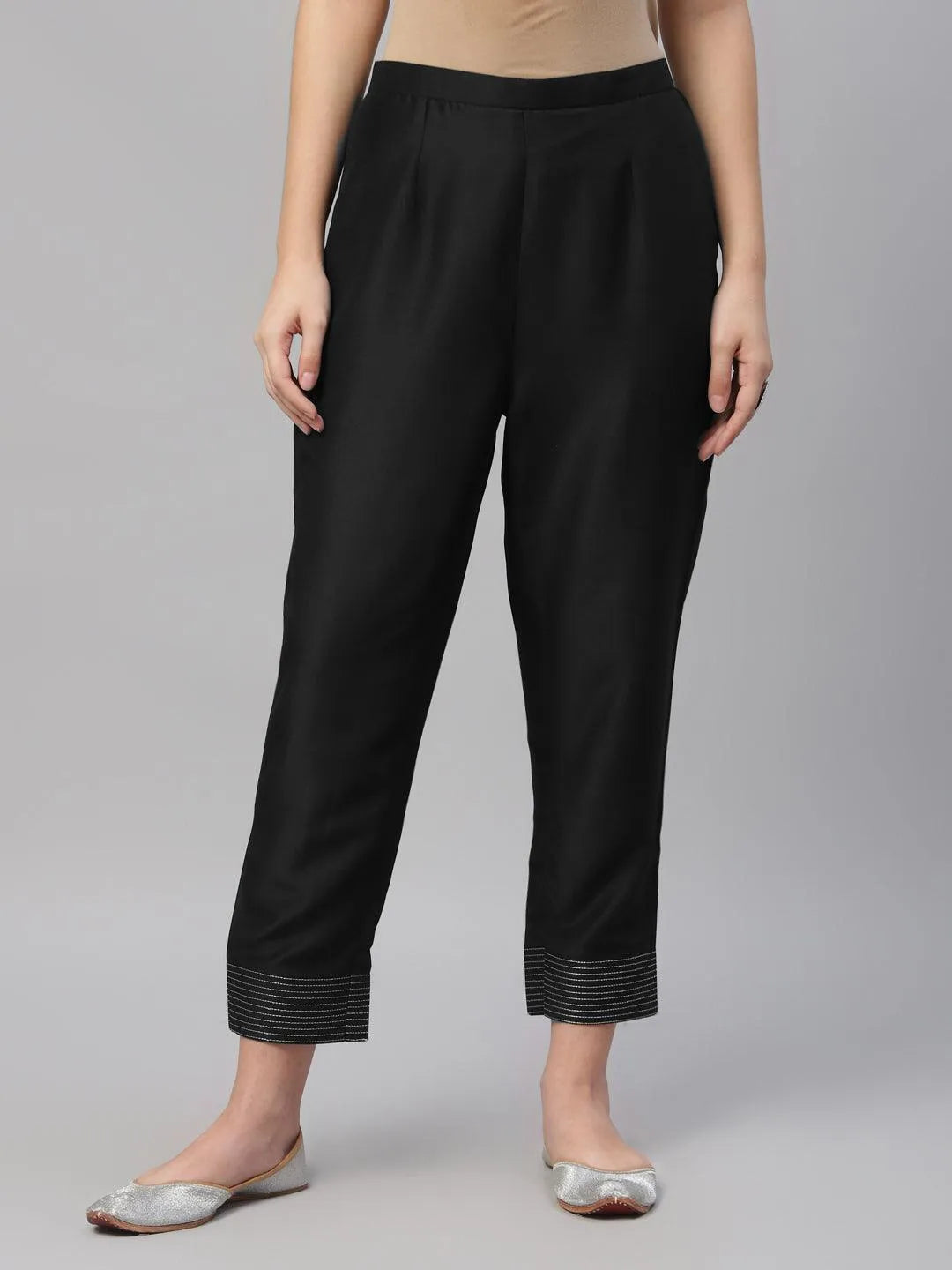 Black Solid Crepe Trousers - Jashvi