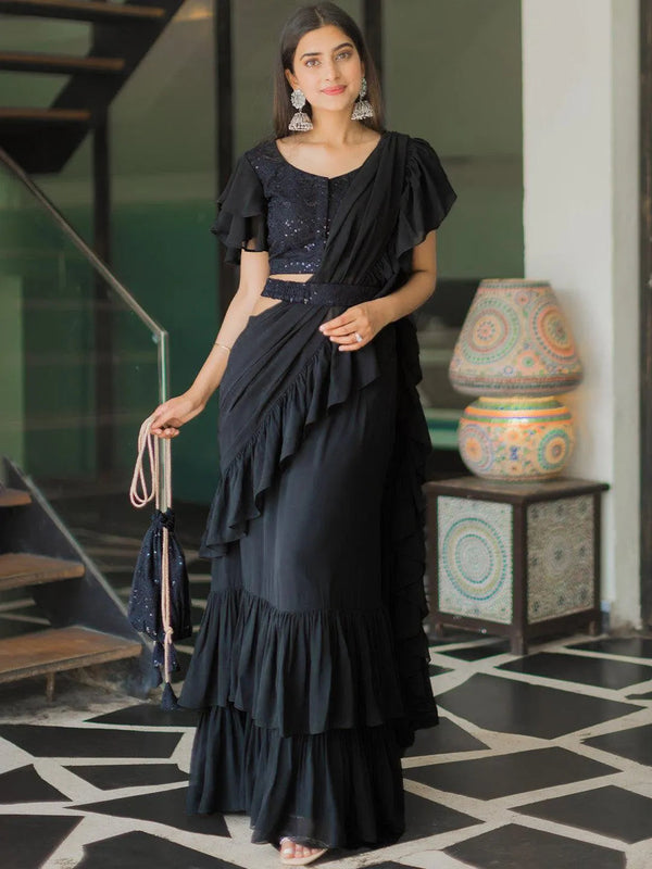 Black Solid Georgette Ready to Wear Saree With Potli - Jashvi