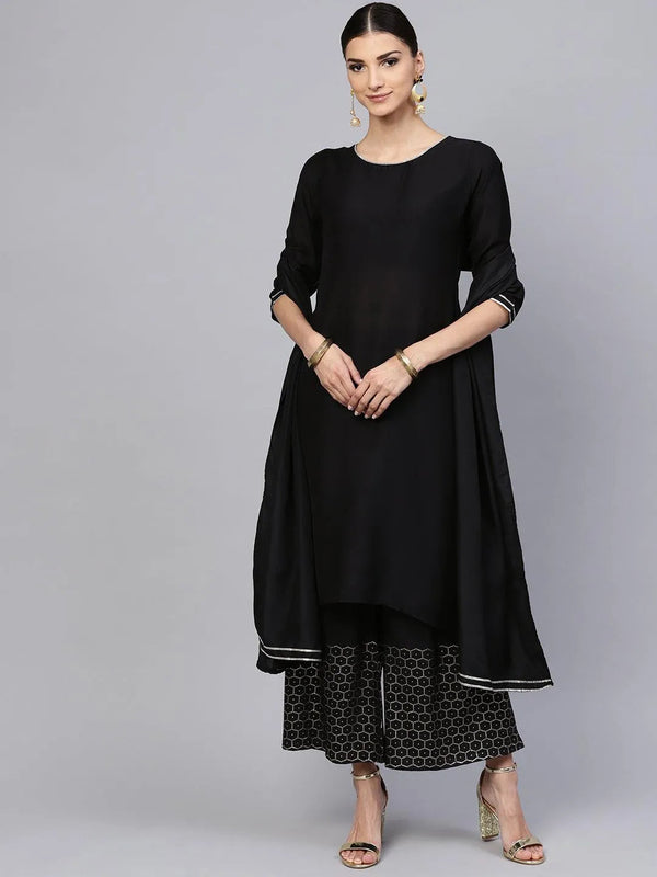 Black Solid Muslin A-Line Kurta With Palazzos & Stole