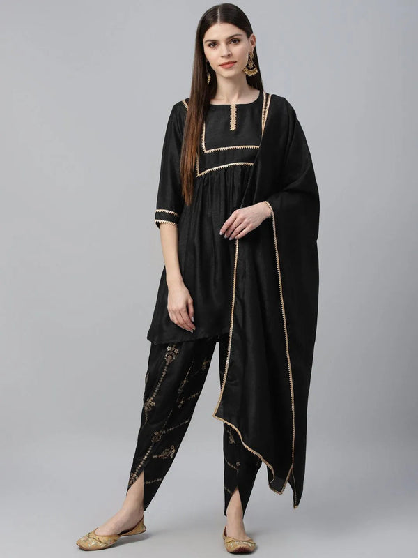 Black Solid Polyester Straight Kurta With Dhoti Pant & Dupatta