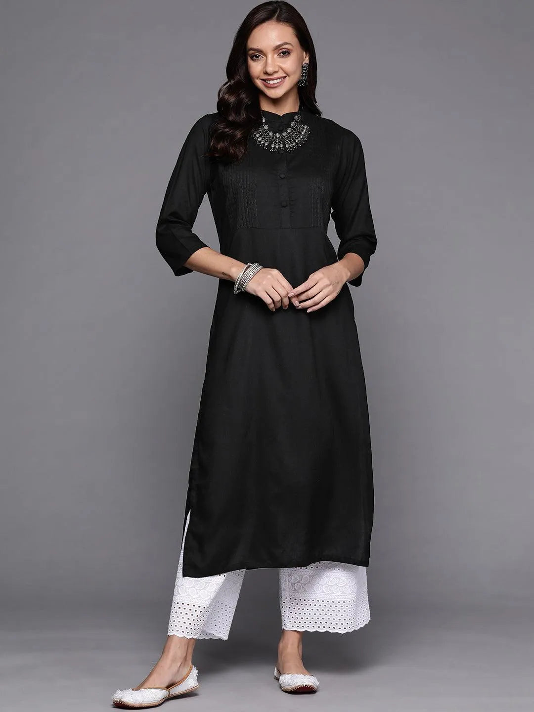 Black Solid Rayon Kurta - Jashvi