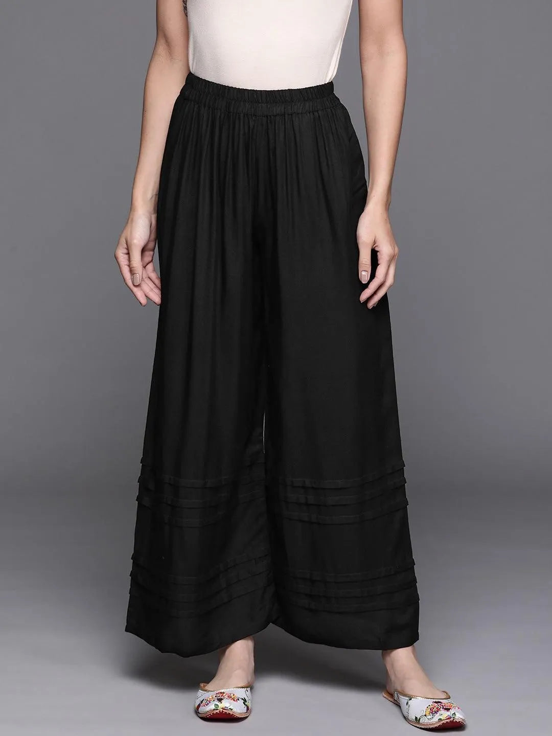 Black Solid Rayon Palazzos - Jashvi