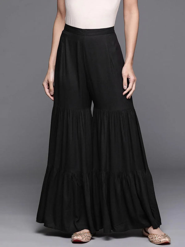 Black Solid Rayon Sharara Pants - Jashvi