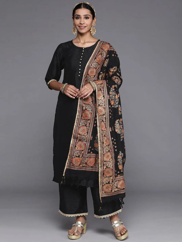 Black Solid Silk Blend Straight Suit Set With Palazzos - Jashvi