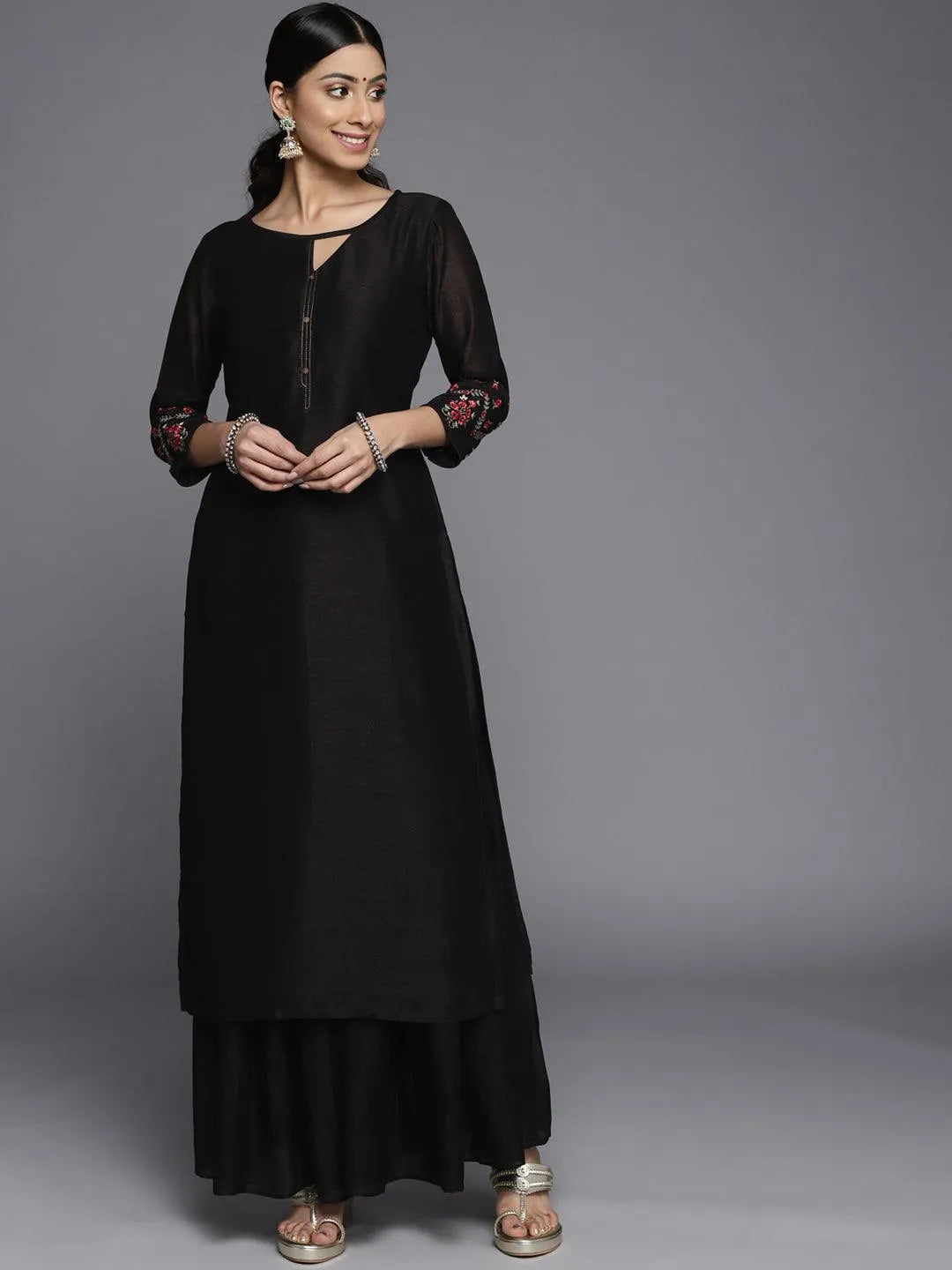 Black Solid Silk Kurta - Jashvi