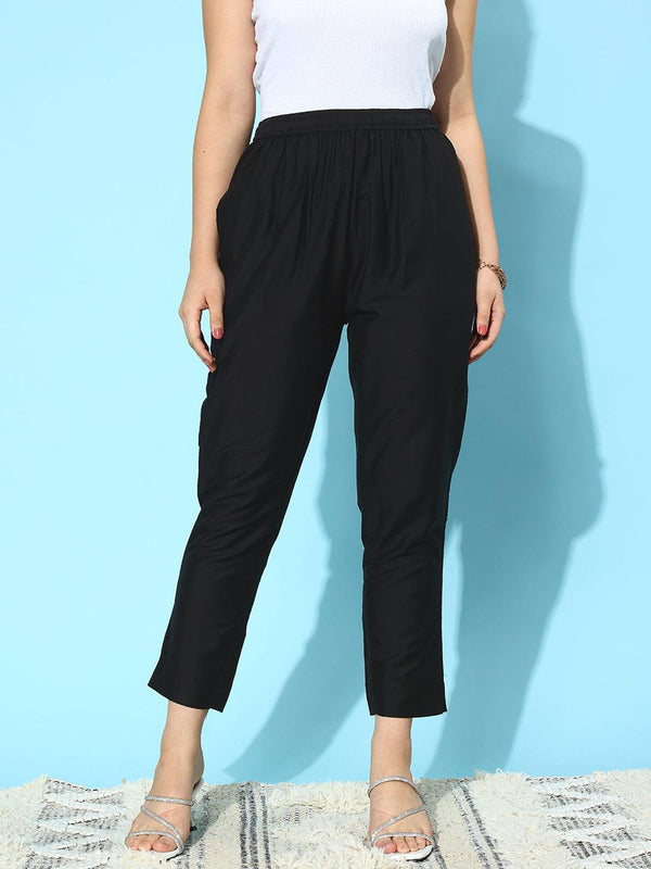 Black Solid Silk Trousers