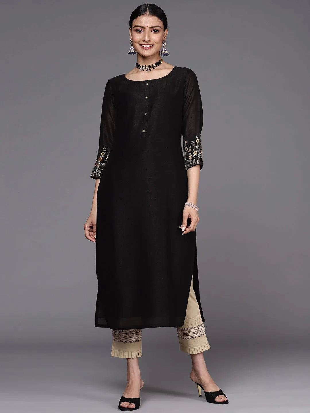 Black Solid Silk Straight Kurta - Jashvi