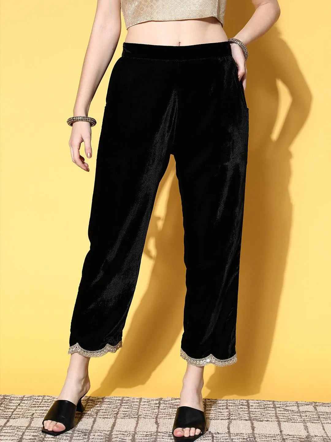 Black Solid Velvet Trousers - Jashvi