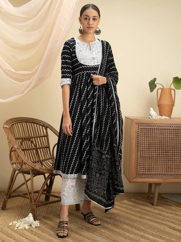 Black Striped Cotton Suit Set - Jashvi