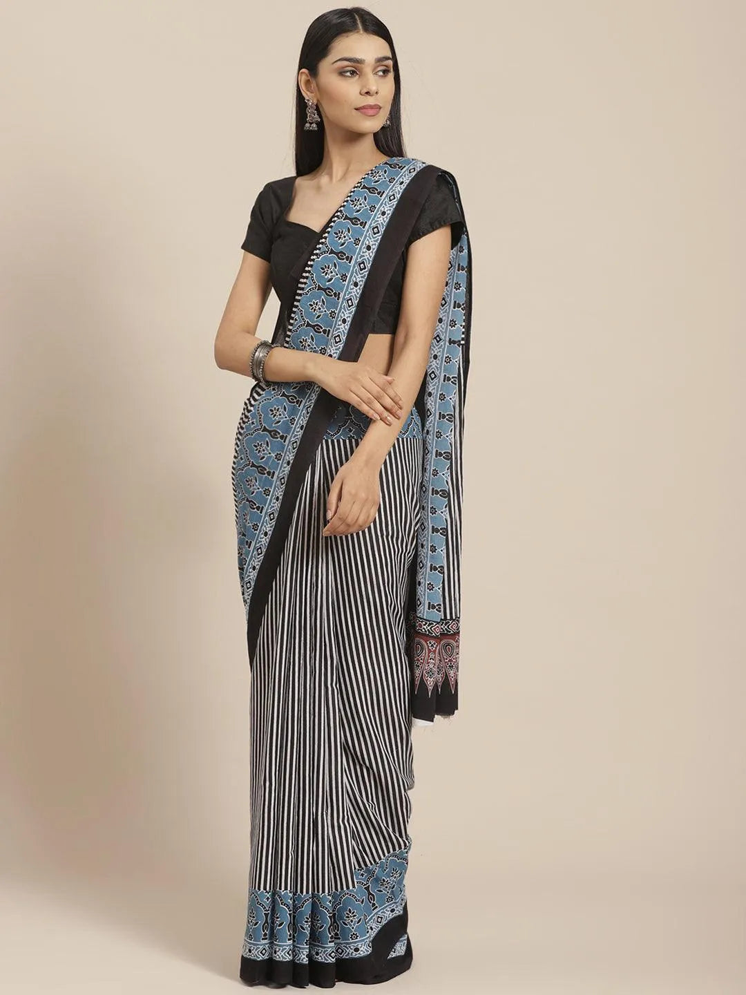 Black Striped Cotton Saree - Jashvi