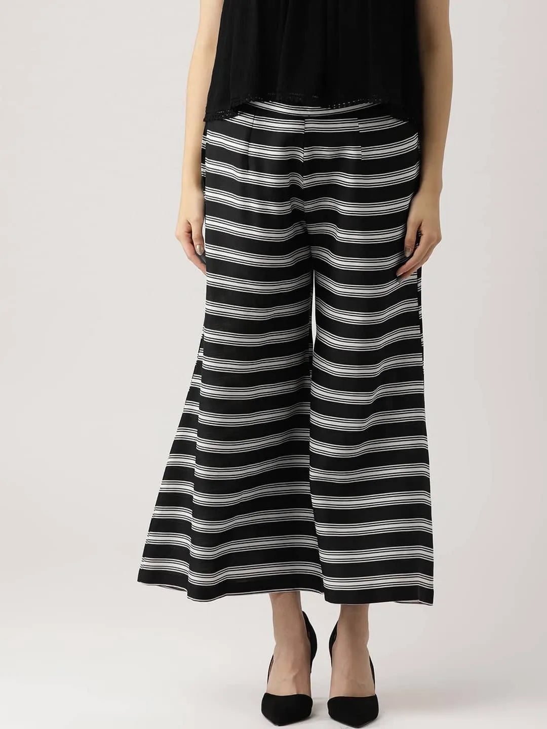 Black Striped Crepe Palazzos - Jashvi