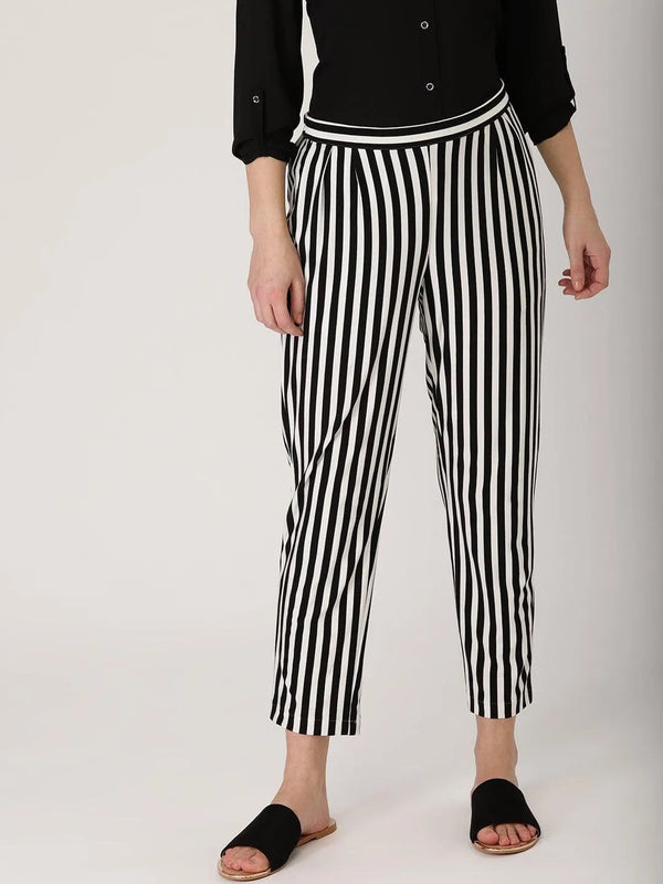 Black Striped Polyester Trousers - Jashvi