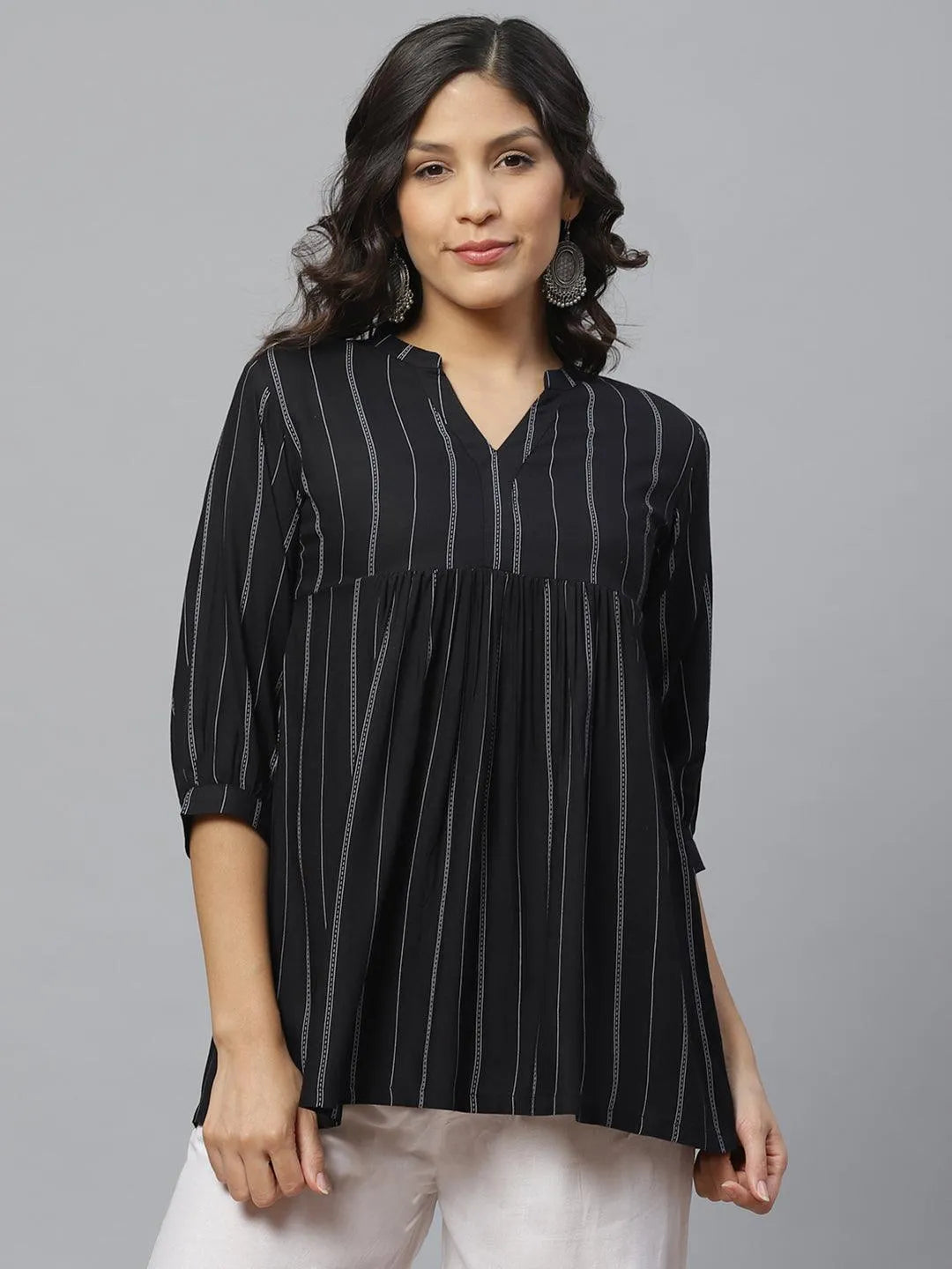 Black Striped Rayon Kurti With Mask - Jashvi