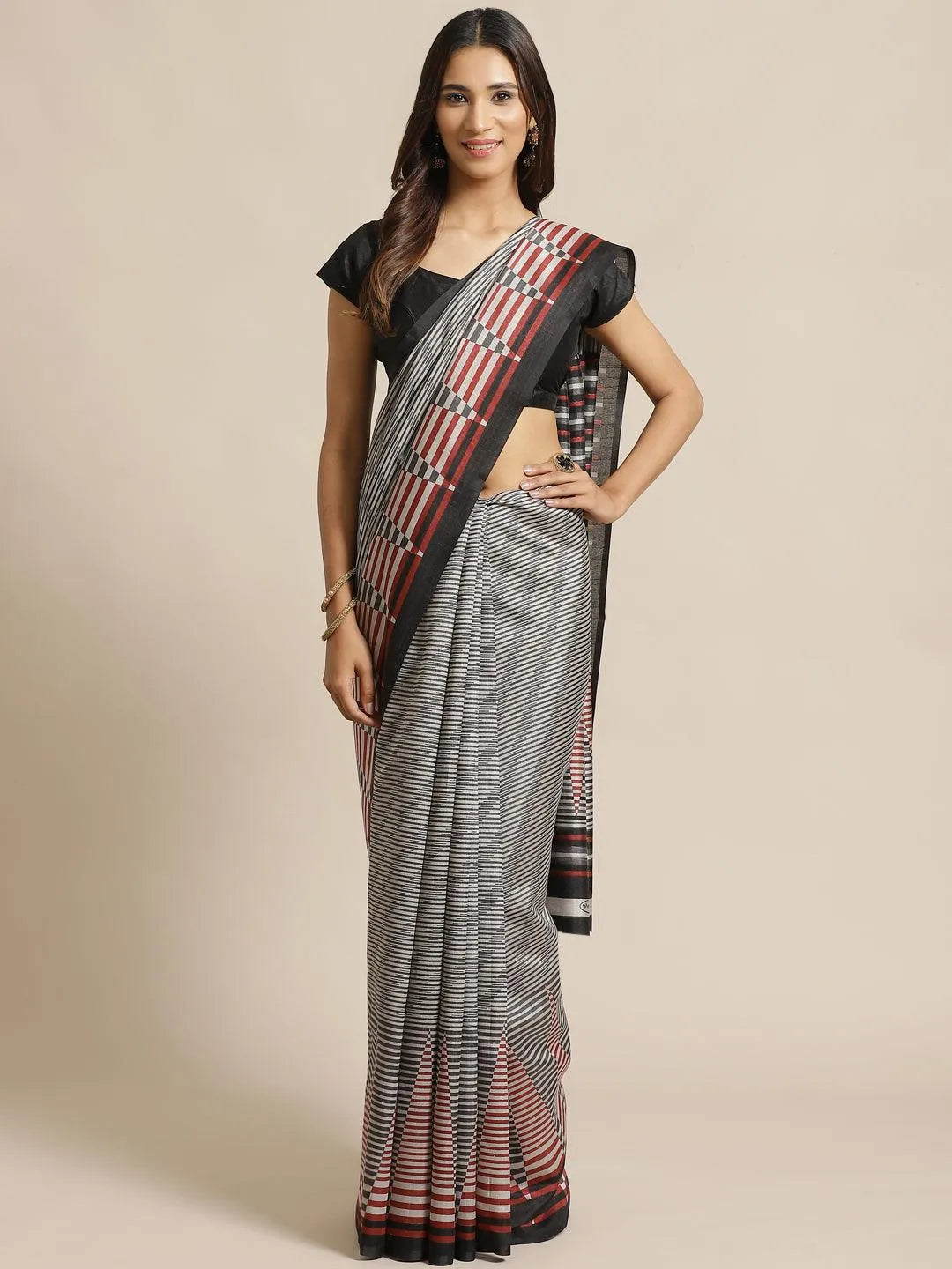 Black Striped Silk Blend Saree - Jashvi