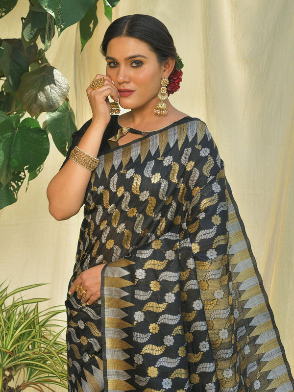 Women's Black Tussar Silk Heavy Jamdani Saree - Odette