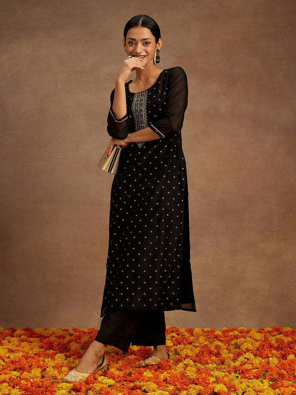 Black Woven Design Chanderi Silk Straight Kurta - Jashvi